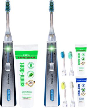 emmi®-dent Platinum elektrische Ultraschall Zahnbürsten (Family-Set Carbon + Blau) I Ideal für empfindliche Zähne & Zahnfleisch I Optimales…