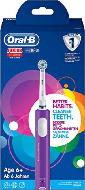 Oral-B Junior Elektrische Zahnbürste/Electric Toothbrush für Kinder ab 6 Jahren, weiche Borsten & Timer, Designed by Braun, lila, 1er Pack